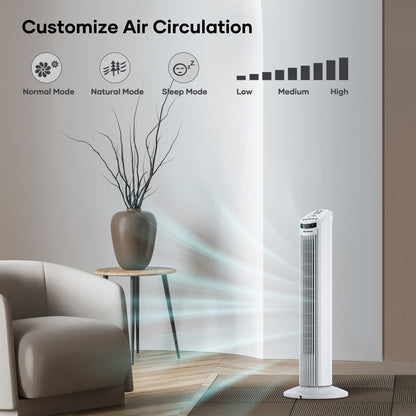 30′′ Tower Fan 120° Oscillating Fan 60dB Quiet Cooling Fan with Remote Control 3 Speeds 3 Wind Modes Timer – White