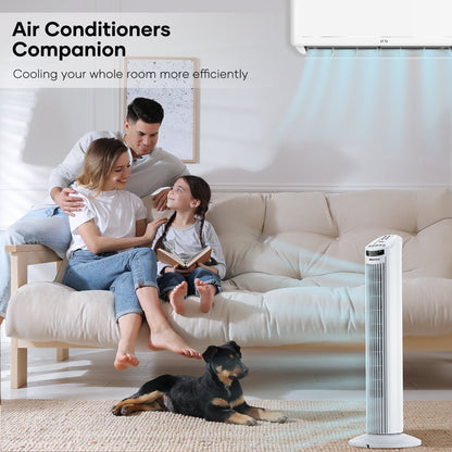 30′′ Tower Fan 120° Oscillating Fan 60dB Quiet Cooling Fan with Remote Control 3 Speeds 3 Wind Modes Timer – White