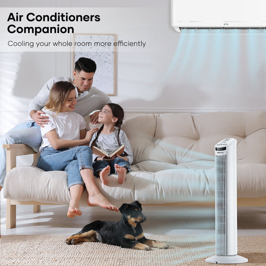 30′′ Tower Fan 120° Oscillating Fan 60dB Quiet Cooling Fan with Remote Control 3 Speeds 3 Wind Modes Timer – White
