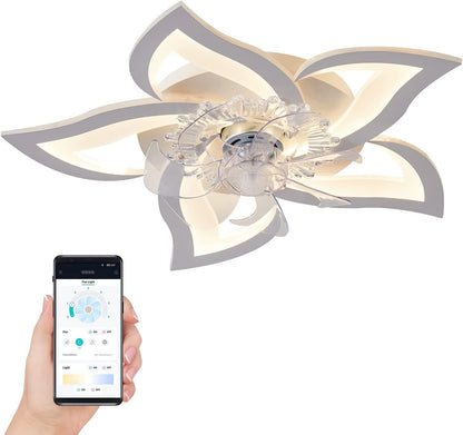 27.2′′ Smart Ceiling Fan with Lights Remote APP Control, Modern Flush Mount Bladeless Ceiling Fan, 3 Color 6 Speeds Low Profile Ceiling Fan with Light for Bedroom Living Room Kitchen – White
