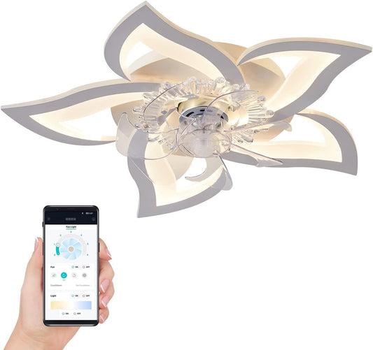 27.2′′ Smart Ceiling Fan with Lights Remote APP Control, Modern Flush Mount Bladeless Ceiling Fan, 3 Color 6 Speeds Low Profile Ceiling Fan with Light for Bedroom Living Room Kitchen – White