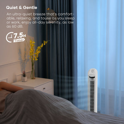 30′′ Tower Fan 120° Oscillating Fan 60dB Quiet Cooling Fan with Remote Control 3 Speeds 3 Wind Modes Timer – White