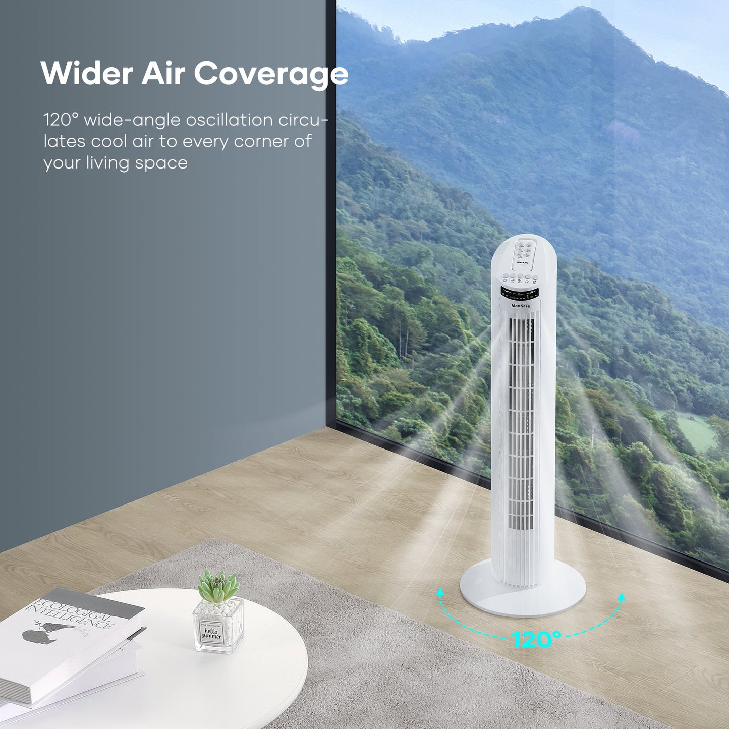 30′′ Tower Fan 120° Oscillating Fan 60dB Quiet Cooling Fan with Remote Control 3 Speeds 3 Wind Modes Timer – White