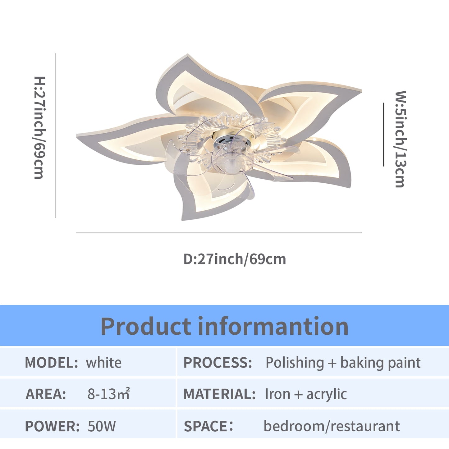 27.2′′ Smart Ceiling Fan with Lights Remote APP Control, Modern Flush Mount Bladeless Ceiling Fan, 3 Color 6 Speeds Low Profile Ceiling Fan with Light for Bedroom Living Room Kitchen – White