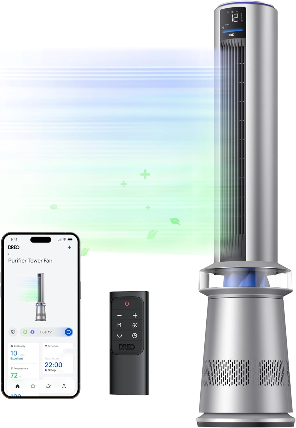 Air Purifier Tower Fan, 45′′ 2-in-1 Smart Fan for Bedroom, 27ft/s Velocity, 120°Oscillation, 24H Timer Bladeless Fans for Home, 25dB Low Noise, Standing Fan Works with Alexa, MC710S, Silver Blue