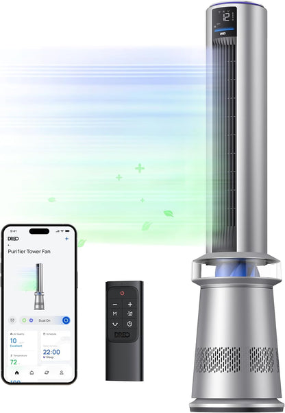 Air Purifier Tower Fan, 45′′ 2-in-1 Smart Fan for Bedroom, 27ft/s Velocity, 120°Oscillation, 24H Timer Bladeless Fans for Home, 25dB Low Noise, Standing Fan Works with Alexa, MC710S, Silver Blue