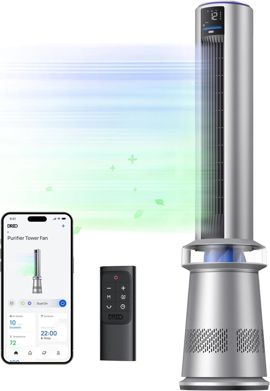 Air Purifier Tower Fan, 45′′ 2-in-1 Smart Fan for Bedroom, 27ft/s Velocity, 120°Oscillation, 24H Timer Bladeless Fans for Home, 25dB Low Noise, Standing Fan Works with Alexa, MC710S, Silver Blue