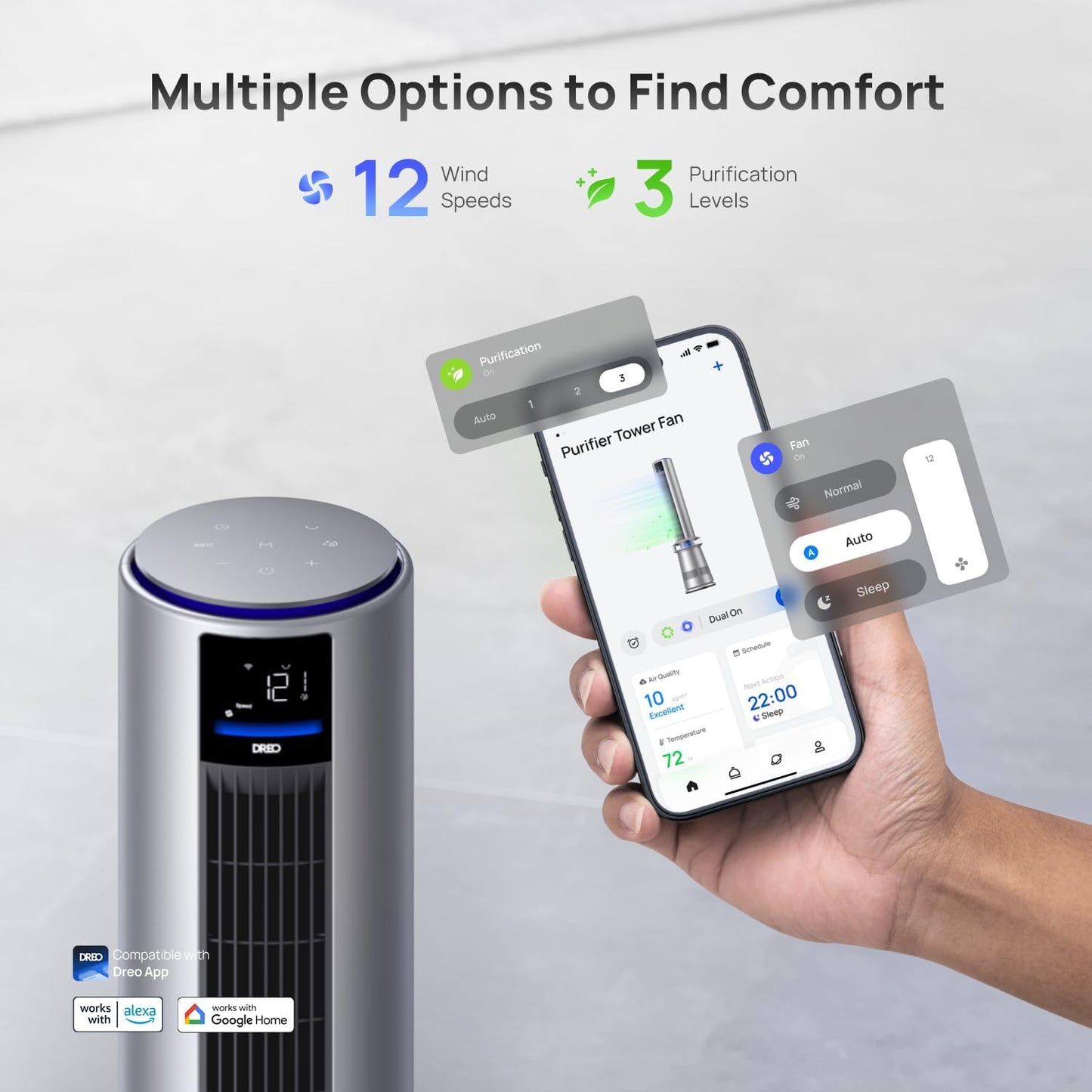 Air Purifier Tower Fan, 45′′ 2-in-1 Smart Fan for Bedroom, 27ft/s Velocity, 120°Oscillation, 24H Timer Bladeless Fans for Home, 25dB Low Noise, Standing Fan Works with Alexa, MC710S, Silver Blue
