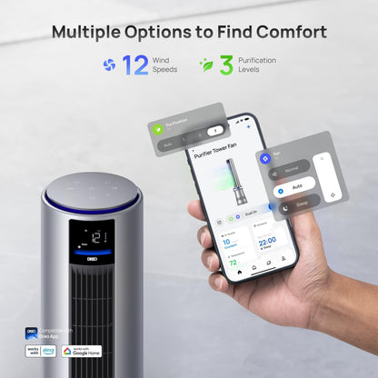 Air Purifier Tower Fan, 45′′ 2-in-1 Smart Fan for Bedroom, 27ft/s Velocity, 120°Oscillation, 24H Timer Bladeless Fans for Home, 25dB Low Noise, Standing Fan Works with Alexa, MC710S, Silver Blue