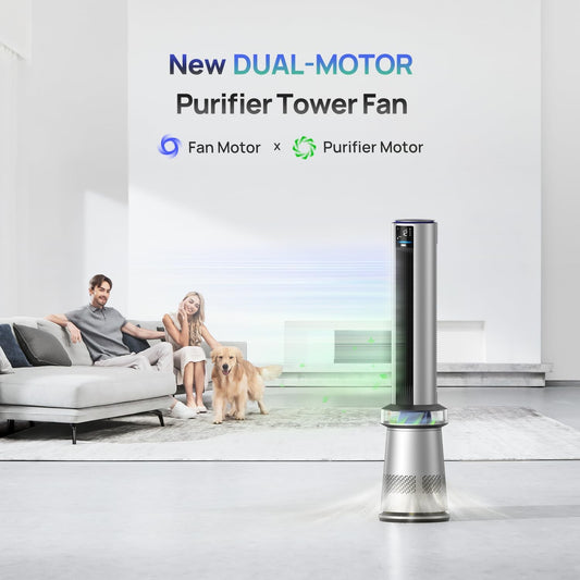 Air Purifier Tower Fan, 45′′ 2-in-1 Smart Fan for Bedroom, 27ft/s Velocity, 120°Oscillation, 24H Timer Bladeless Fans for Home, 25dB Low Noise, Standing Fan Works with Alexa, MC710S, Silver Blue