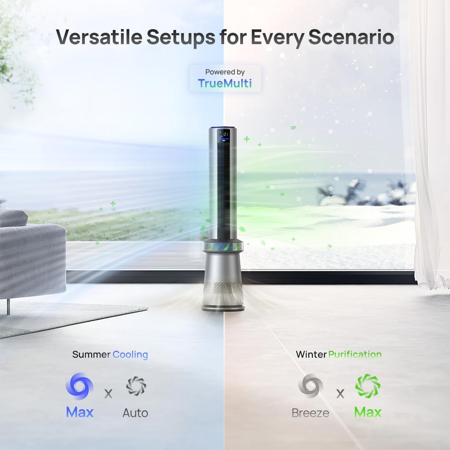 Air Purifier Tower Fan, 45′′ 2-in-1 Smart Fan for Bedroom, 27ft/s Velocity, 120°Oscillation, 24H Timer Bladeless Fans for Home, 25dB Low Noise, Standing Fan Works with Alexa, MC710S, Silver Blue