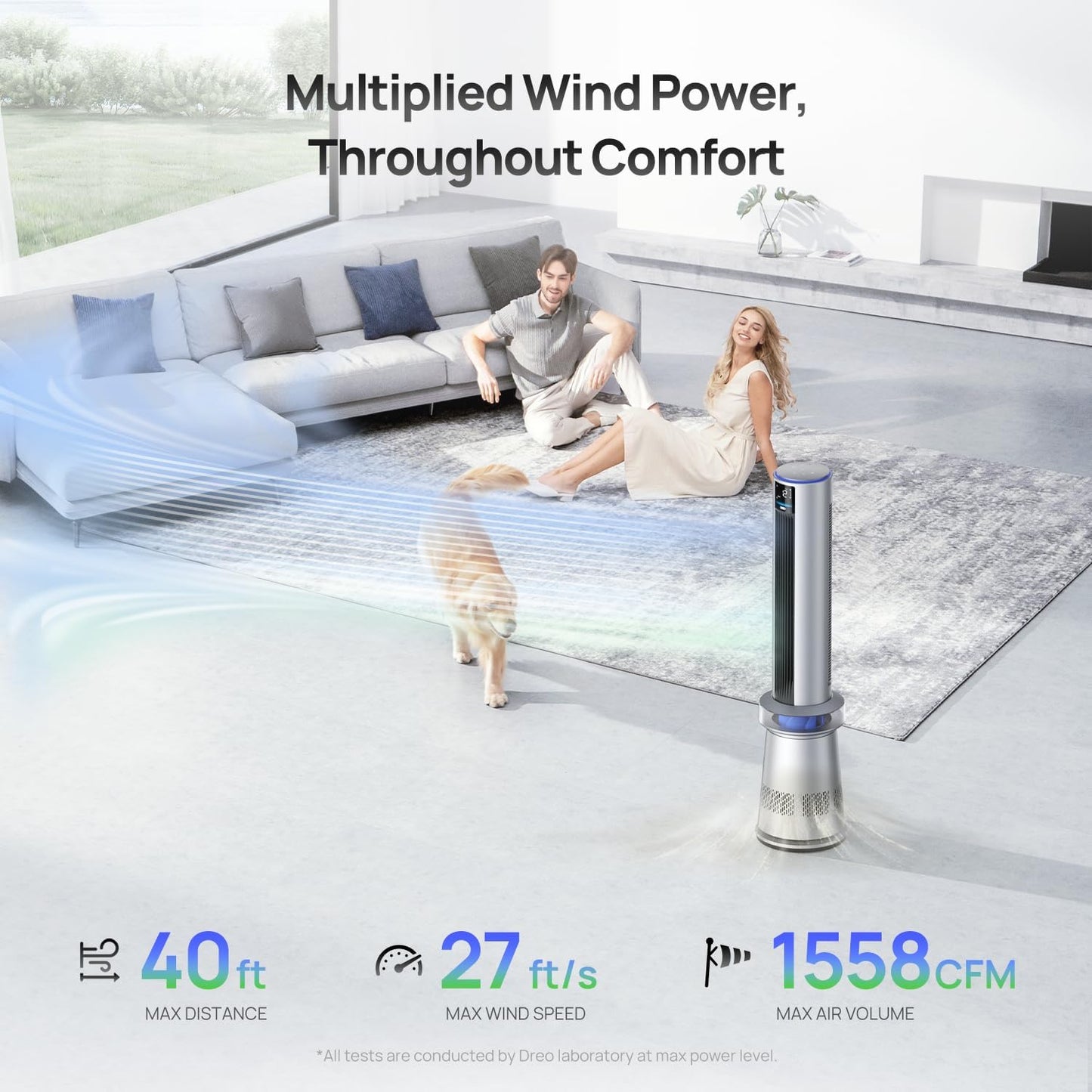 Air Purifier Tower Fan, 45′′ 2-in-1 Smart Fan for Bedroom, 27ft/s Velocity, 120°Oscillation, 24H Timer Bladeless Fans for Home, 25dB Low Noise, Standing Fan Works with Alexa, MC710S, Silver Blue