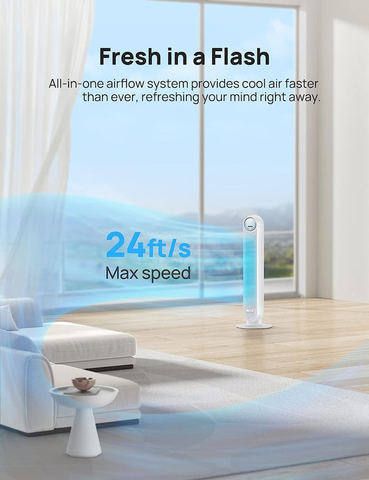 One Tower Fan with Remote, 24ft/s Velocity Quiet Cooling Fan, 90° Oscillating 4 Speeds, Modes, 8H Timer, Bladeless Standing Floor Fans, White