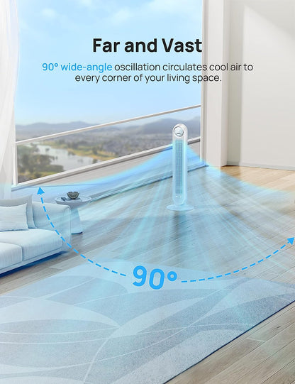 One Tower Fan with Remote, 24ft/s Velocity Quiet Cooling Fan, 90° Oscillating 4 Speeds, Modes, 8H Timer, Bladeless Standing Floor Fans, White