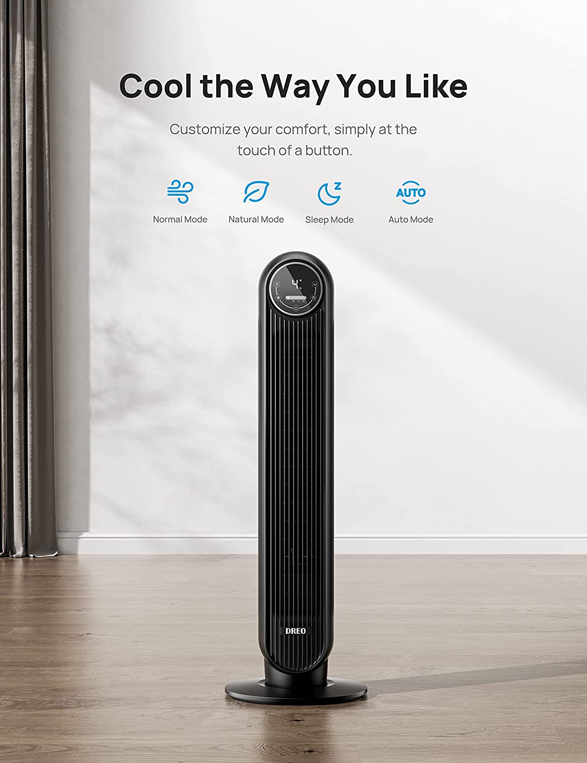 Fans for Home, 24ft/s Velocity Quiet Cooling Fan, 90° Oscillating Fans for Indoors with 4 Speeds, 4 Modes, 8H Timer, Bladeless Fan, Standing Floor Fans, Black, (DR-HTF007)