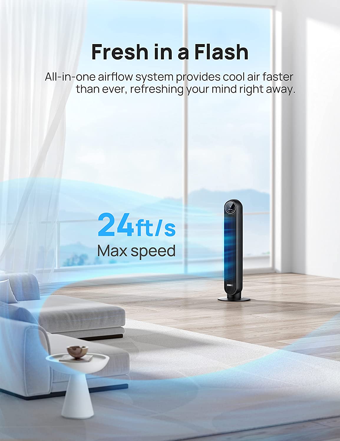 Fans for Home, 24ft/s Velocity Quiet Cooling Fan, 90° Oscillating Fans for Indoors with 4 Speeds, 4 Modes, 8H Timer, Bladeless Fan, Standing Floor Fans, Black, (DR-HTF007)
