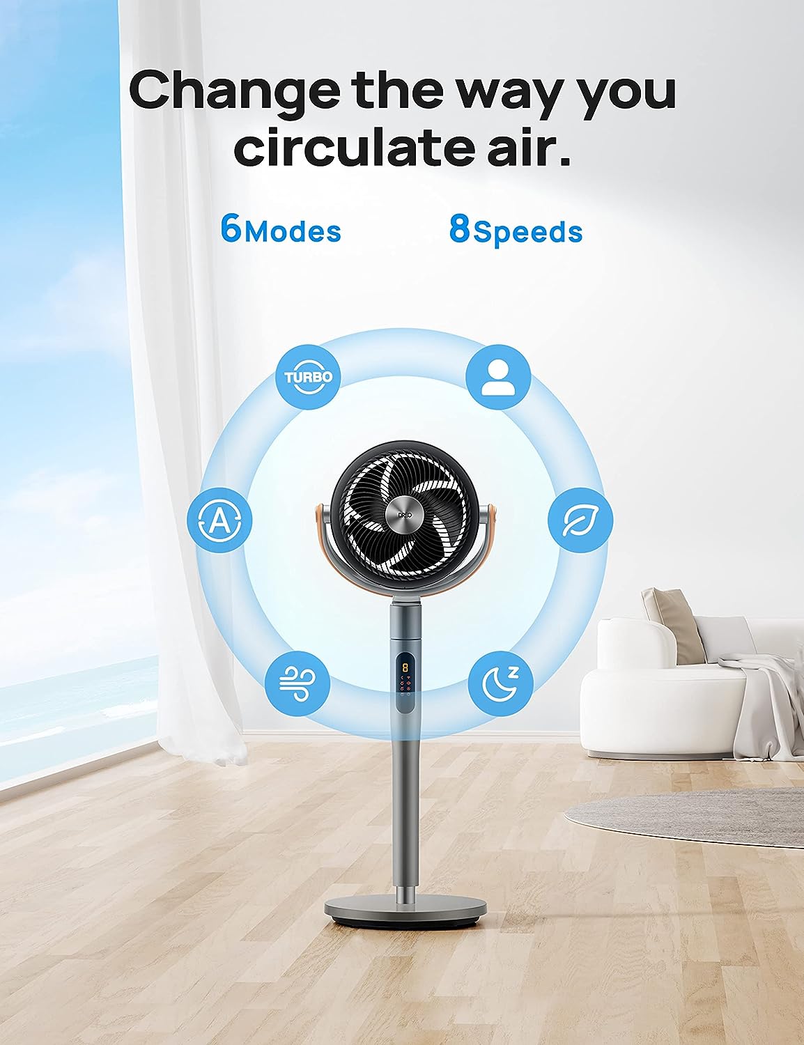 513S 43-inch Quiet Floor Fan with Remote Control for Home Bedrooms, 120°+105° Smart Oscillating Floor Fan with Wi-Fi/Voice Control, Compatible with Alexa/Google, 6 Modes, 8 Speeds