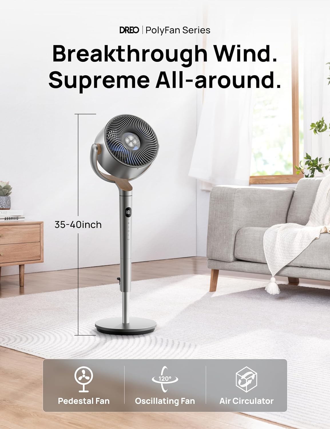 Standing Fan, 120°+120° Smart Oscillating Floor Fans with Wi-Fi/Voice Control, 80 ft Fan For Bedroom, DC Motor Quiet Fans, adjustable height, 8 Speeds, 6 Modes, 12H Timer, Office, Room