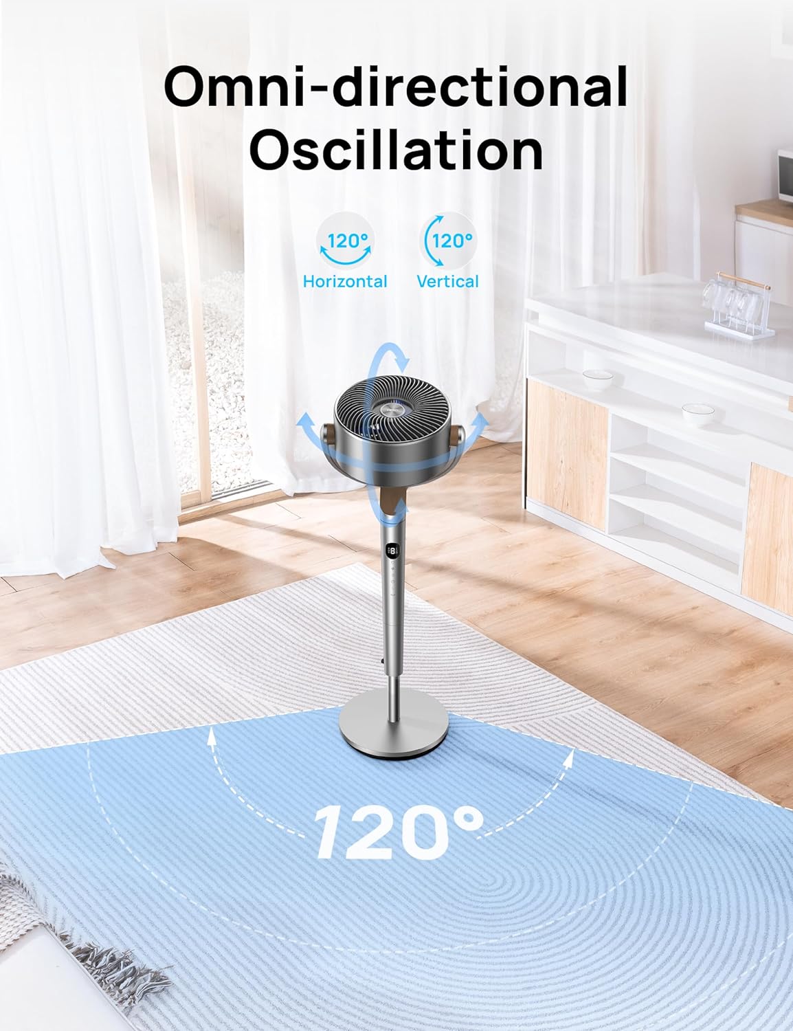 Standing Fan, 120°+120° Smart Oscillating Floor Fans with Wi-Fi/Voice Control, 80 ft Fan For Bedroom, DC Motor Quiet Fans, adjustable height, 8 Speeds, 6 Modes, 12H Timer, Office, Room