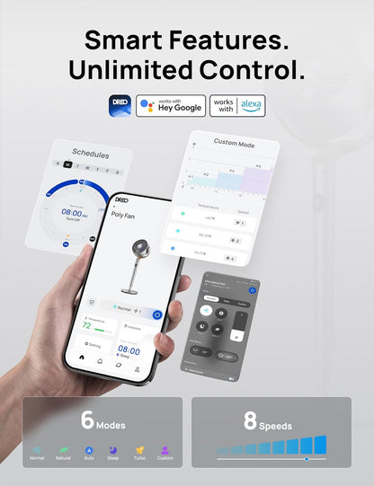 Standing Fan, 120°+120° Smart Oscillating Floor Fans with Wi-Fi/Voice Control, 80 ft Fan For Bedroom, DC Motor Quiet Fans, adjustable height, 8 Speeds, 6 Modes, 12H Timer, Office, Room