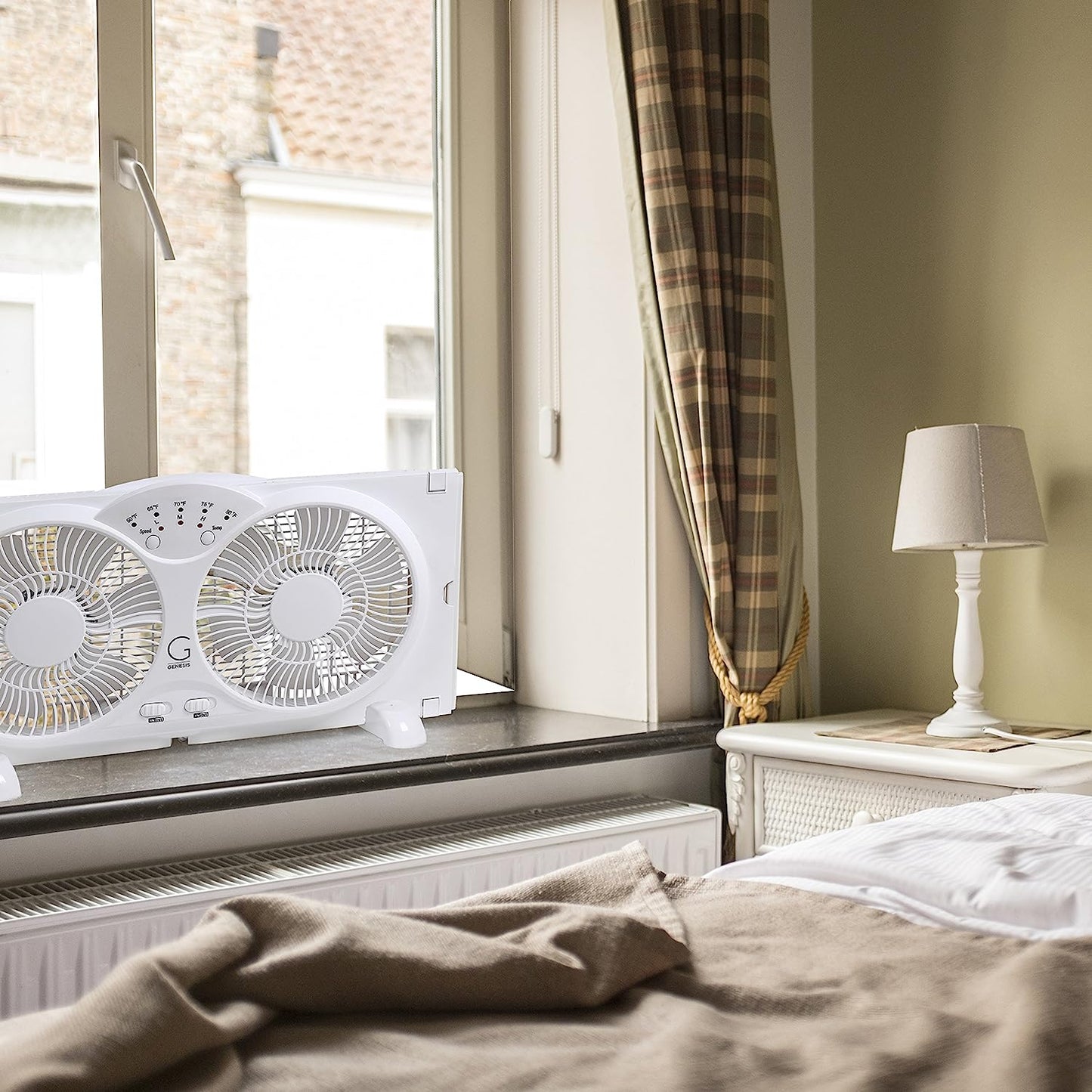 Twin Fan High Velocity Reversible AirFlow Fan, LED Indicator Lights Adjustable Thermostat & Max Cool Technology, ETL Certified White