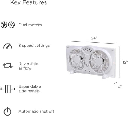 Twin Fan High Velocity Reversible AirFlow Fan, LED Indicator Lights Adjustable Thermostat & Max Cool Technology, ETL Certified White