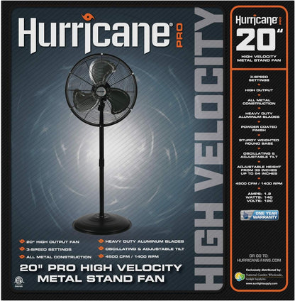 Hurricane Stand Fan – 20 Inch, Pro Series, High Velocity, Heavy Duty Metal For Industrial, Commercial, Residential, & Greenhouse Use – ETL Listed, Black