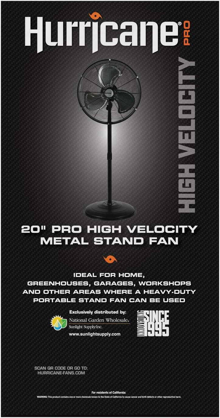 Hurricane Stand Fan – 20 Inch, Pro Series, High Velocity, Heavy Duty Metal For Industrial, Commercial, Residential, & Greenhouse Use – ETL Listed, Black