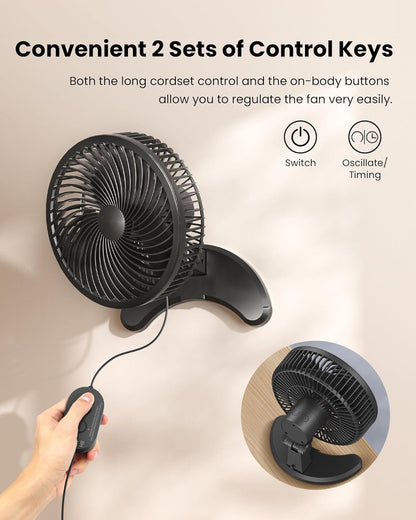 8” Wall Mount Fan, Quiet Small Wall Fan with Timer, 8.2ft Wired Remote, 80° Oscillation, 100° Adjustable, 3 Speeds High Velocity for RV Bedroom Kitchen Office Garage(Adapter Included)