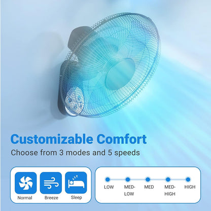 Wall Mount Fan, 16 Inch 5 Blades 5 Speeds Wall Fan with Remote Control, 90 Degree 8 Hour Timer Oscillating Fan for Bedroom Home Kitchen, Black