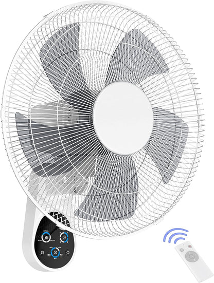 Wall Mount Fan, 16 Inch 5 Blades 5 Speeds Wall Fan with Remote Control, 90 Degree 8 Hour Timer Oscillating Fan for Bedroom Home Kitchen Gym Yoga Pilates Studio Glass Sunshine Room, White