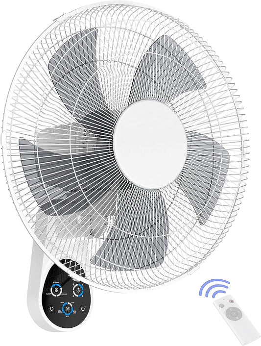 Wall Mount Fan, 16 Inch 5 Blades 5 Speeds Wall Fan with Remote Control, 90 Degree 8 Hour Timer Oscillating Fan for Bedroom Home Kitchen Gym Yoga Pilates Studio Glass Sunshine Room, White