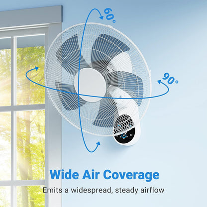 Wall Mount Fan, 16 Inch 5 Blades 5 Speeds Wall Fan with Remote Control, 90 Degree 8 Hour Timer Oscillating Fan for Bedroom Home Kitchen Gym Yoga Pilates Studio Glass Sunshine Room, White