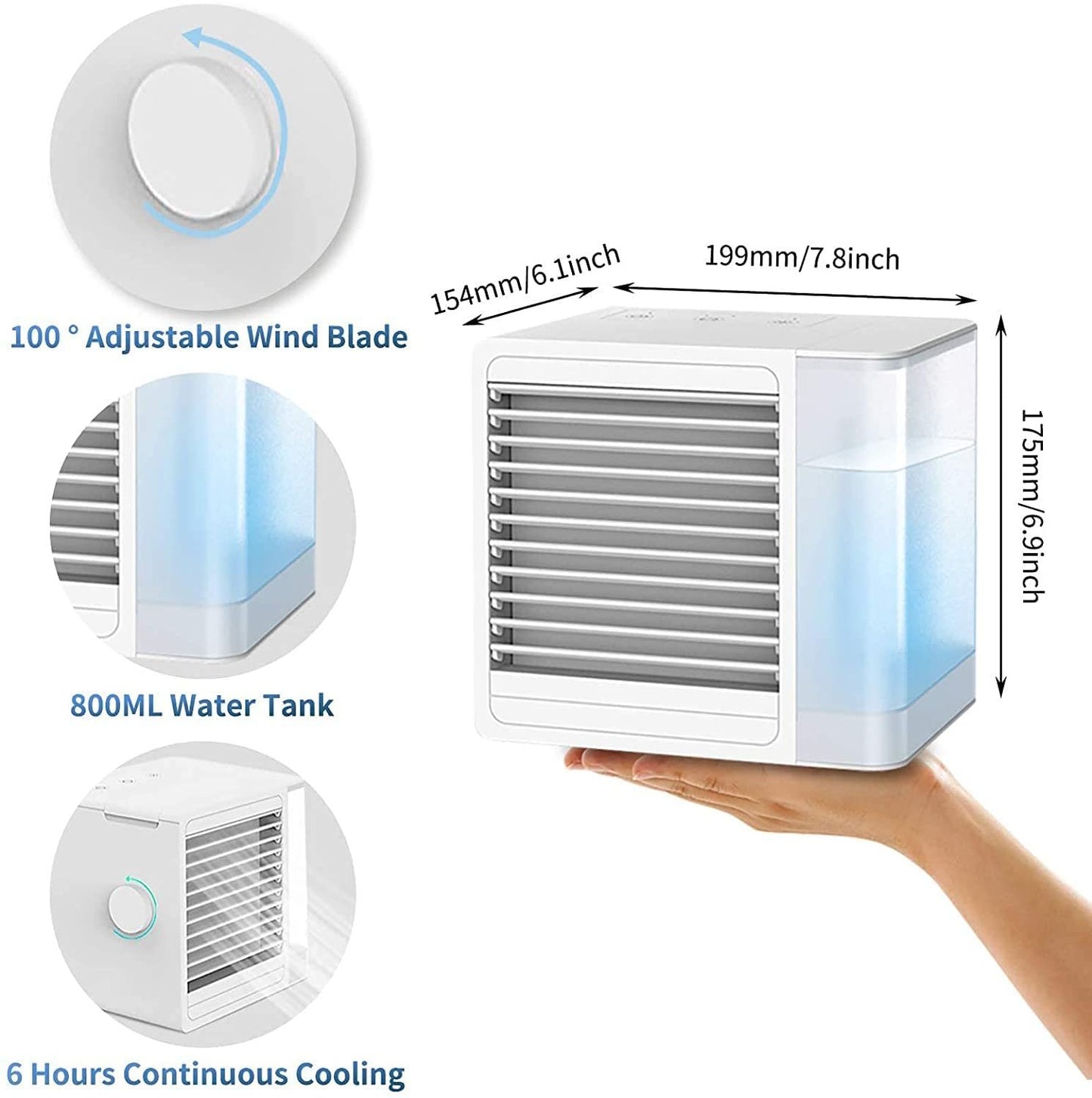 Portable Air Conditioner Fan, Personal Evaporative Air Cooler and 800ml Humidifier with USB Charging Quiet Mini Space Cooling Fan with LED Light Adjustable Purifier for Home Offices Bedroom Car