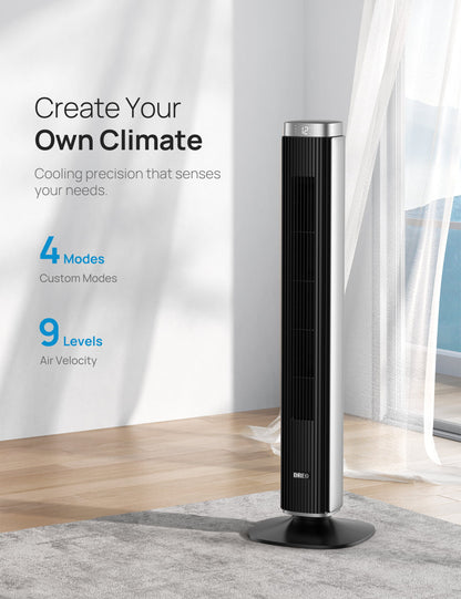 42′′ Tower Fan for bedroom, 25 DB Quiet DC Bladeless Fans, 90° Oscillating Fan with Remote, LED Display, 12H Timer, 9 Speeds,4 Modes, Standing Floor Fans for Room Home Office, Pilot Pro