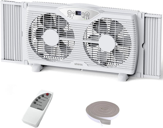 Twin Window Fan with Remote, 9-Inch Blades Reversible Airflow, Thermostat Control, 3 Speeds, 3 Functions, 23.8′′-37′′ Expandable Width, Window Fans for Home Bedroom, ETL Certified