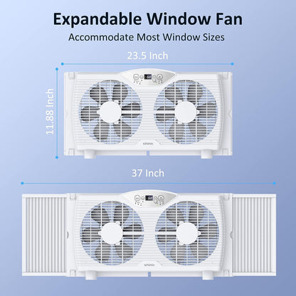 Twin Window Fan with Remote, 9-Inch Blades Reversible Airflow, Thermostat Control, 3 Speeds, 3 Functions, 23.8′′-37′′ Expandable Width, Window Fans for Home Bedroom, ETL Certified