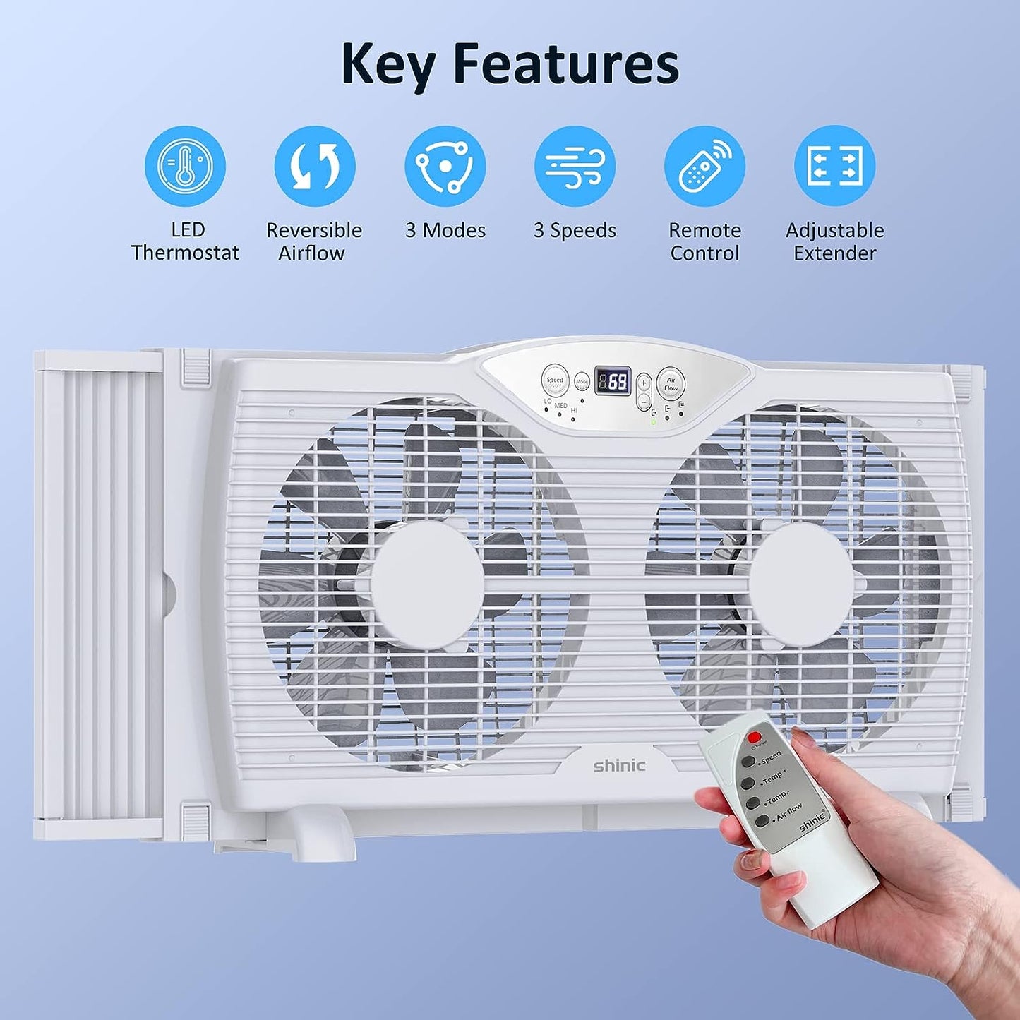 Twin Window Fan with Remote, 9-Inch Blades Reversible Airflow, Thermostat Control, 3 Speeds, 3 Functions, 23.8′′-37′′ Expandable Width, Window Fans for Home Bedroom, ETL Certified