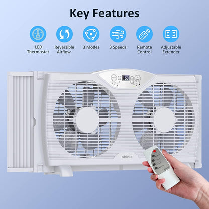 Twin Window Fan with Remote, 9-Inch Blades Reversible Airflow, Thermostat Control, 3 Speeds, 3 Functions, 23.8′′-37′′ Expandable Width, Window Fans for Home Bedroom, ETL Certified