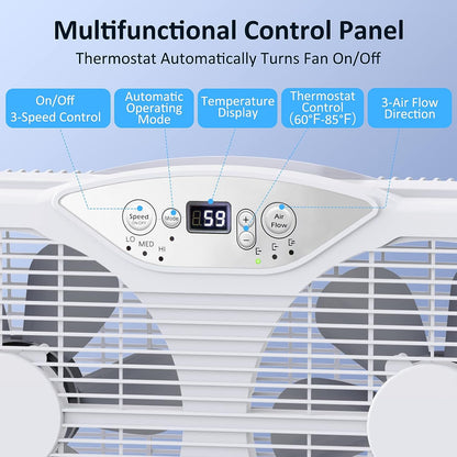 Twin Window Fan with Remote, 9-Inch Blades Reversible Airflow, Thermostat Control, 3 Speeds, 3 Functions, 23.8′′-37′′ Expandable Width, Window Fans for Home Bedroom, ETL Certified