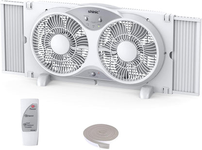 Window Fan with Reversible Airflow Quiet, Twin 9′′ Blades, Full Remote Control, 3 Functions-3 Speeds, Bathroom Kitchen Window Exhaust Fan, Width Adjustable (From 24′′ to 37′′) ETL Certified