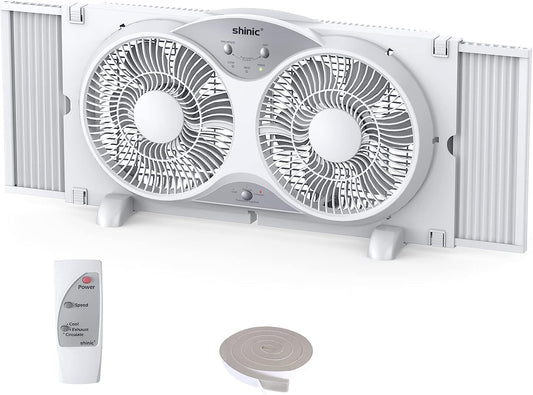 Window Fan with Reversible Airflow Quiet, Twin 9′′ Blades, Full Remote Control, 3 Functions-3 Speeds, Bathroom Kitchen Window Exhaust Fan, Width Adjustable (From 24′′ to 37′′) ETL Certified