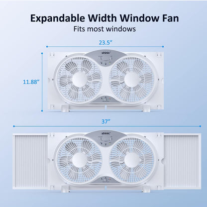 Window Fan with Reversible Airflow Quiet, Twin 9′′ Blades, Full Remote Control, 3 Functions-3 Speeds, Bathroom Kitchen Window Exhaust Fan, Width Adjustable (From 24′′ to 37′′) ETL Certified