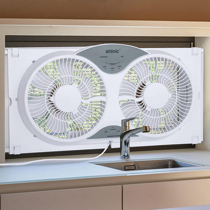 Window Fan with Reversible Airflow Quiet, Twin 9′′ Blades, Full Remote Control, 3 Functions-3 Speeds, Bathroom Kitchen Window Exhaust Fan, Width Adjustable (From 24′′ to 37′′) ETL Certified