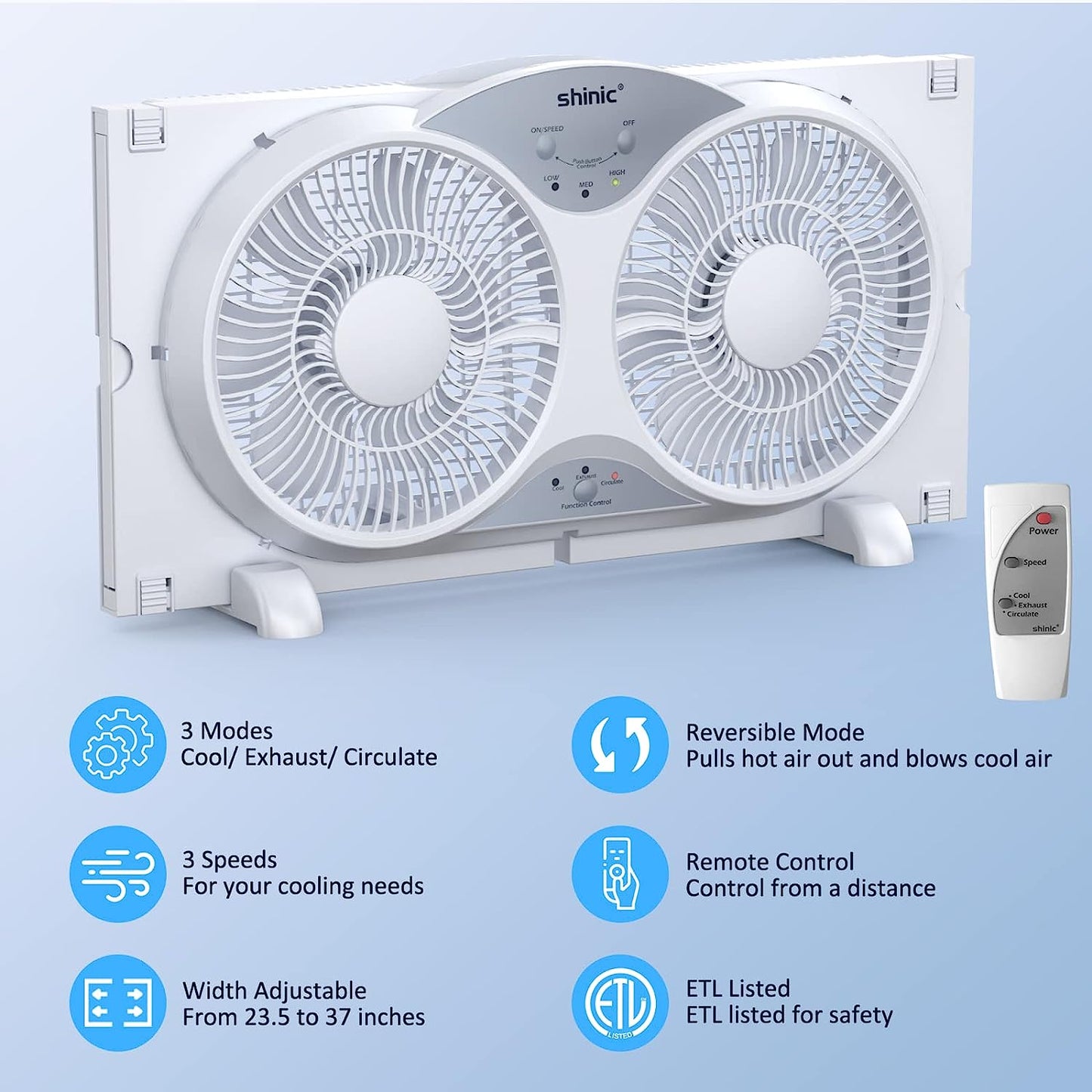 Window Fan with Reversible Airflow Quiet, Twin 9′′ Blades, Full Remote Control, 3 Functions-3 Speeds, Bathroom Kitchen Window Exhaust Fan, Width Adjustable (From 24′′ to 37′′) ETL Certified